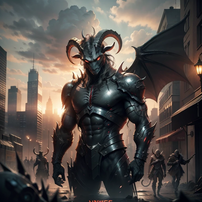 Alien armies invade cities，Goat-faced demon ，Wear military uniforms，Pick up the axe，red - eyed，unholy，Fierce，rampage ，Powerful，Stand at the highest part of the city，Observe the city，Below is the army of demons，Epic war fantasy digital art，Epic Technology, fantasy, Digital art，Futuristic fantasy，tmasterpiece，high qulity，8K，UHD resolution，Detailed detail drawing，realisticlying，Very realistic，cinmatic lighting,an award winning photograph,rich colours，hyper realistic lifelike texture，dramatic  lighting