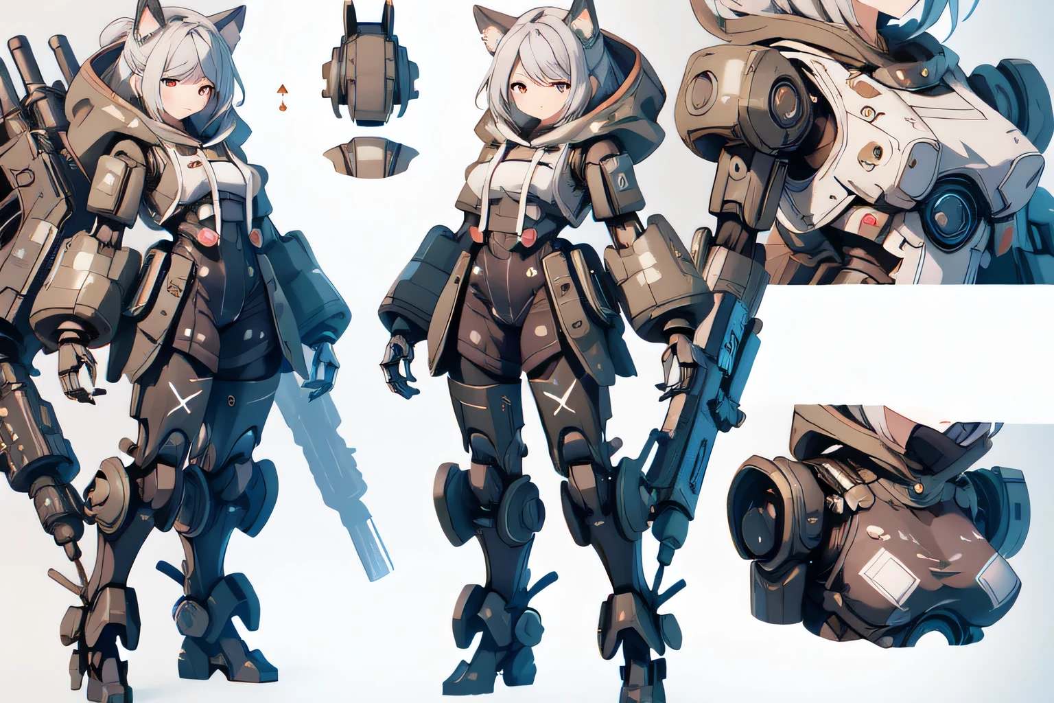 reference sheet, character design, absurdres, highres, ultra detailed, (cute,kawaii:1.2),
(1girl:1.4),oversized hooded jacket, bodysuit, grorie military police cyborg girl,
hyper gigantic mechanical arms,dynamic pose, holding huge weapon,
nice hands, perfect hands, simple background, white background, 