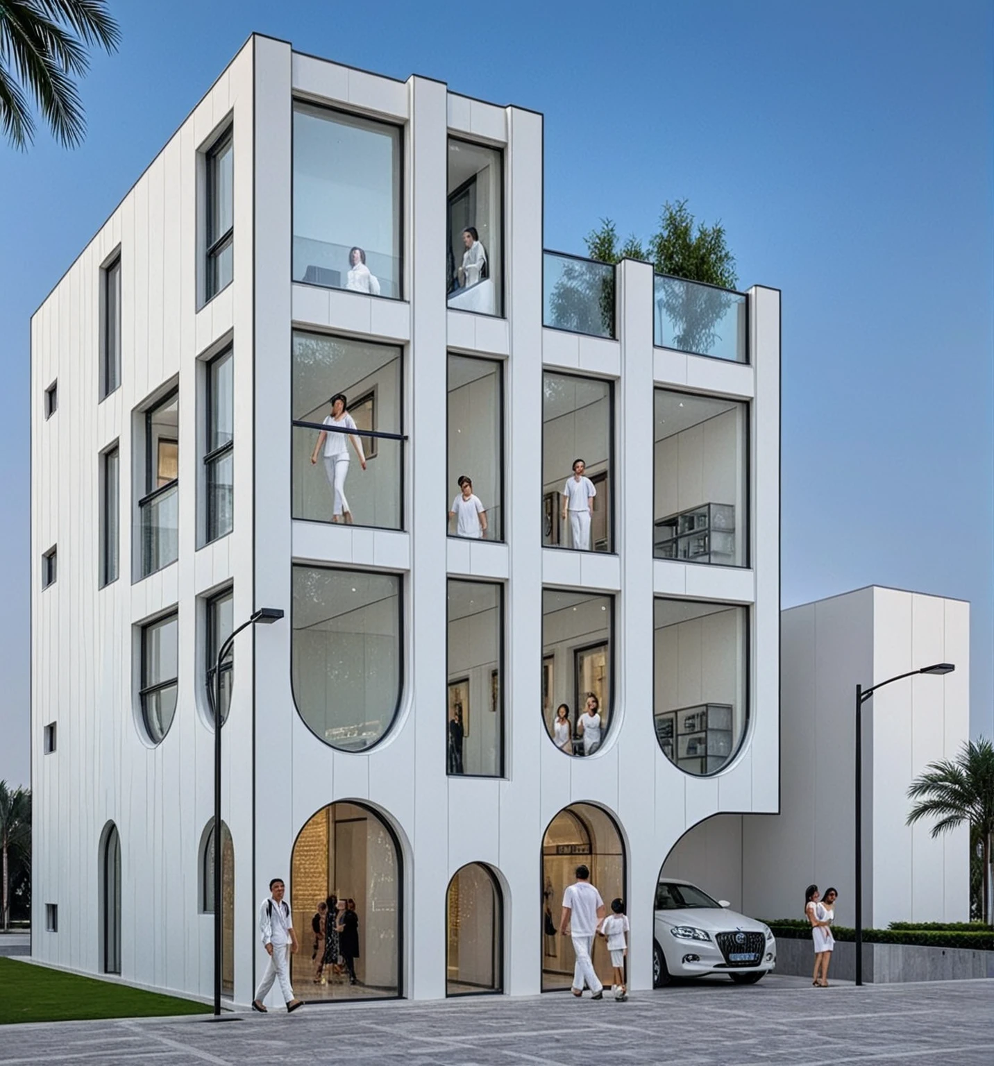 This image shows a contemporary building with a unique, angular design. The structure features a series of tall, white, folded vertical panels that create a rhythmic, symmetrical pattern across the facade. These panels converge towards the top and slightly outward at the base, giving the building a sculptural appearance. In the center is a tall glass entrance, which contrasts with the opaque white facade and allows views into the interior, where warm lighting is visible. The building signage is displayed in modern fonts on the facade, adding a stylish touch. The surroundings include people walking around, suggesting a public or commercial space. The overall style is minimalist and futuristic.