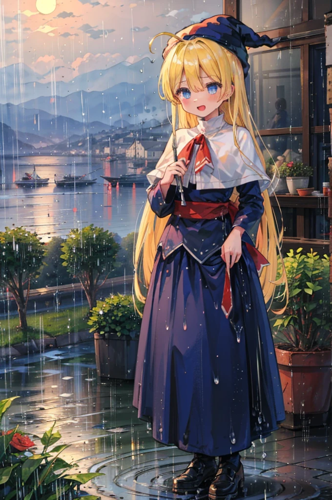 (8k,  Super High Quality , masterpiece:1.2),  ultra high resolution, cute,  girl, solo, whole body, Puyo Puyo's witch, Blonde, Blue Eyes , blue headwear ,  blue based robe,  red ribbon, White capelet, Ahoge,  long skirt , garden, heavy rain, Heavy rain, like, Bright smile,  innocent face , Open your mouth, soaked, whole bodyに水滴, 