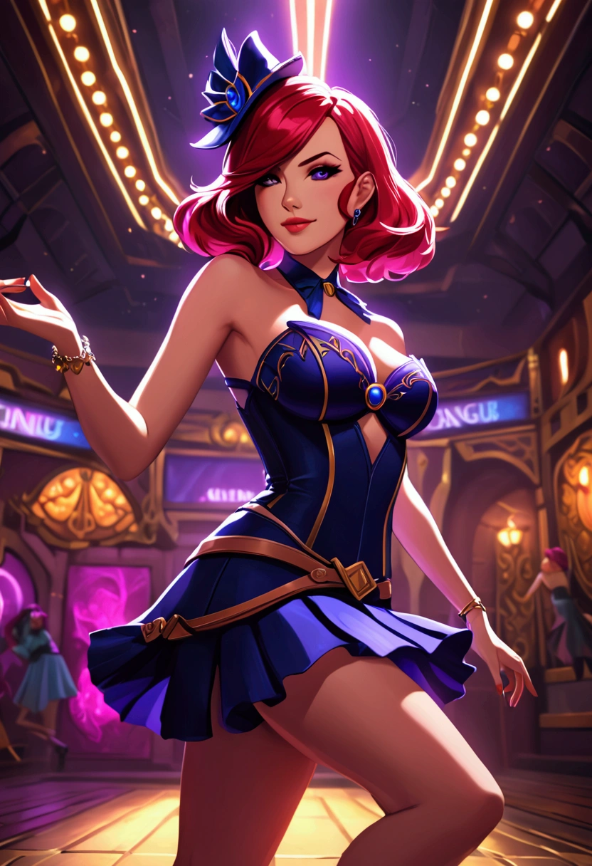 （masterpiece：1.2， best quality），league of legends，Miss Fortune, 1 Girl,  unique,  colorful hair accessories , Short hair, dress, Dance, Smile, Dynamic, Sexy,  perfect figure , Perfect legs,  Underground Music Venues ， Dramatic Lighting ， melancholy atmosphere ，Rough texture， Neon Colors ，'s vibrant palette， cinematic composition ， Sharp focus