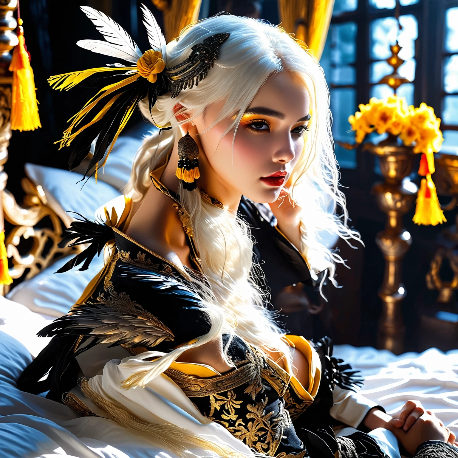 masterpiece, score_9, score_8_up, score_7_up, dynamic lighting, dark fantasy style, mystical, powerful, serene, female war goddess, solemn and dignified expression, 1girl, long white hair, black and white outfit, black bow on head, black boots with straps, sitting on white bedsheets, bed, intricate bed covers, black wings spread wide, dense black feathers, divine yellow bow, celestial glow, intricate patterns on bow, glowing weapon, ancient deity of the hunt, echo of ancient rituals, yellow tassel fluttering, divine aura, runic energy, gentle breeze, protector, nighttime, deep shadows, soft moonlight, fantasy ，lora:Gangbang:0.87 realistic, solo focus, multiple girls,modern, traditional, colors, light, stunning, intricate, style, eyes, hair, beauty,cqsf7cte878c73djfa0g