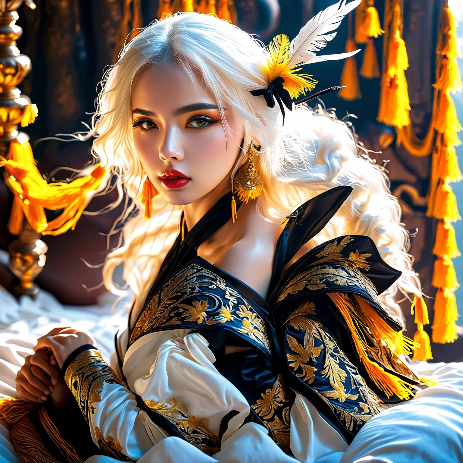 masterpiece, score_9, score_8_up, score_7_up, dynamic lighting, dark fantasy style, mystical, powerful, serene, female war goddess, solemn and dignified expression, 1girl, long white hair, black and white outfit, black bow on head, black boots with straps, sitting on white bedsheets, bed, intricate bed covers, black wings spread wide, dense black feathers, divine yellow bow, celestial glow, intricate patterns on bow, glowing weapon, ancient deity of the hunt, echo of ancient rituals, yellow tassel fluttering, divine aura, runic energy, gentle breeze, protector, nighttime, deep shadows, soft moonlight, fantasy ，lora:Gangbang:0.87 realistic, solo focus, multiple girls,modern, traditional, colors, light, stunning, intricate, style, eyes, hair, beauty,cqsf7cte878c73djfa0g