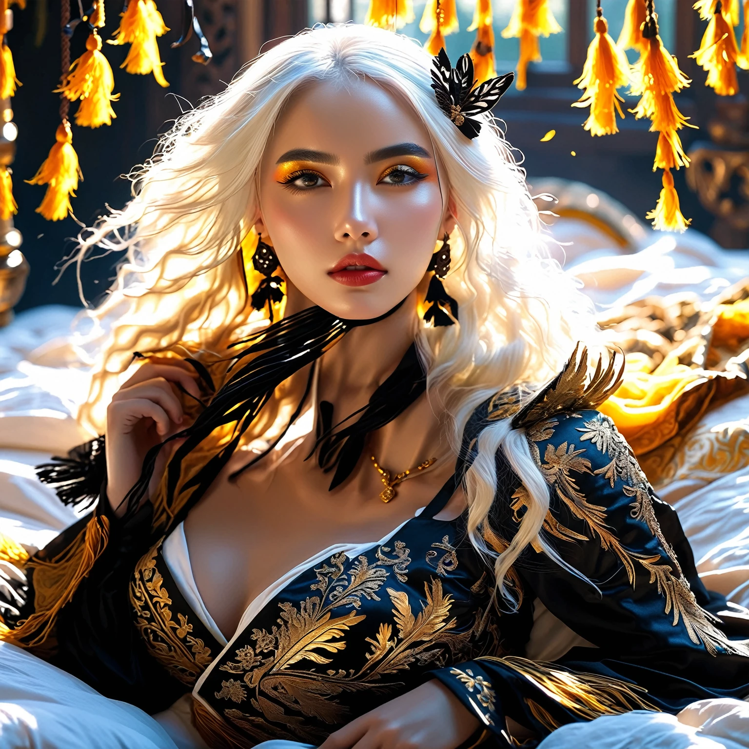 masterpiece, score_9, score_8_up, score_7_up, dynamic lighting, dark fantasy style, mystical, powerful, serene, female war goddess, solemn and dignified expression, 1girl, long white hair, black and white outfit, black bow on head, black boots with straps, sitting on white bedsheets, bed, intricate bed covers, black wings spread wide, dense black feathers, divine yellow bow, celestial glow, intricate patterns on bow, glowing weapon, ancient deity of the hunt, echo of ancient rituals, yellow tassel fluttering, divine aura, runic energy, gentle breeze, protector, nighttime, deep shadows, soft moonlight, fantasy ，lora:Gangbang:0.87 realistic, solo focus, multiple girls,modern, traditional, colors, light, stunning, intricate, style, eyes, hair, beauty,cqsf7cte878c73djfa0g