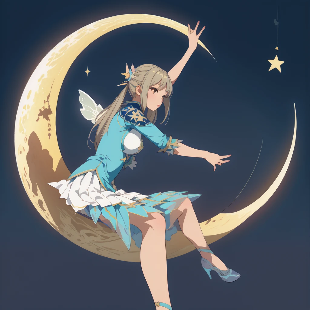 (masterpiece, best quality), 1girl, sitting on the crescent moon、Star Fairy、