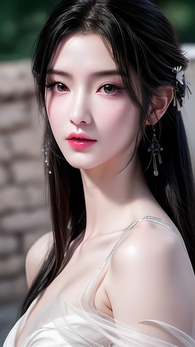 1 woman,Sexy,Flowing messy black hair,Hair shine,Skin details, Delicate and shiny hair description ,Exquisite makeup, Delicate eyes ,Eye details,Dark eyeshadow,Freckles,Simple Hanfu,Shoulder,arm,No teeth showing,No hands,Not blurry。