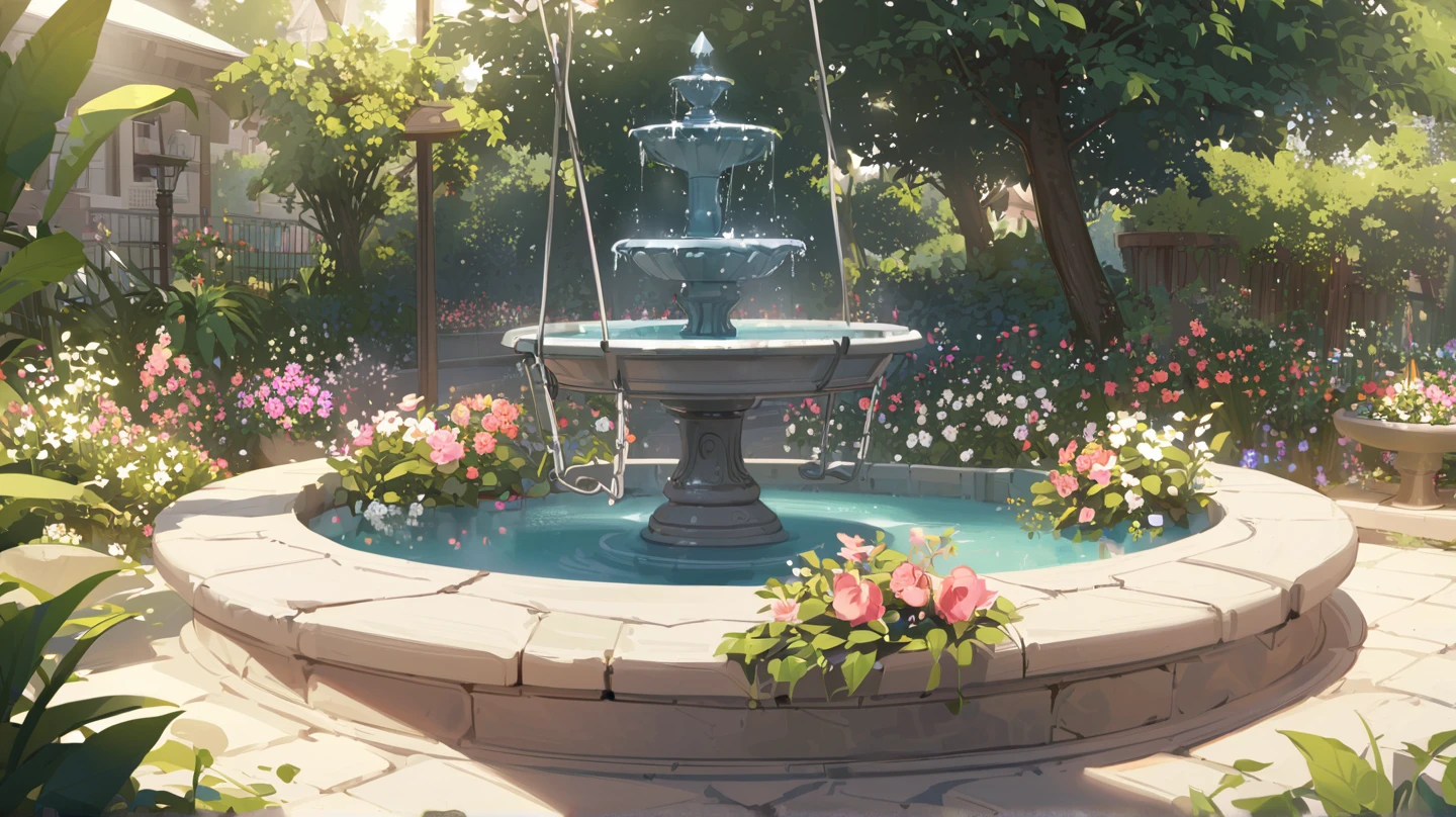 GARDEN, WITH FOUNTAIN, DAYTIME, WELL LIT, with many flowers, with a swing, HIGH QUALITY, masterpiece