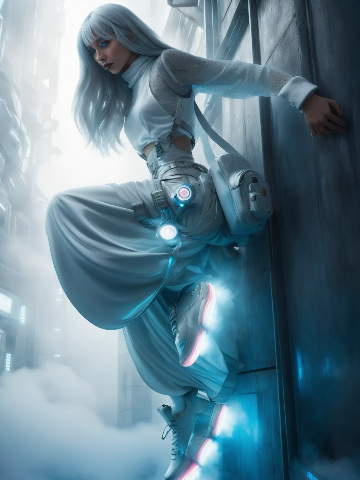 masterpiece, Best Quality, Realistic, In the dimly lit colony shrouded in white mist, she Climbing on a the side wall
Of a mega structure to repair a conduit outerspace. She is dressed in a cyber-themed outfit centered around the color white. She wears a high-neck armor anf space helmet paired with a maxi skirt with a round silhouette, from which a large balloon extends at the waist. Neon-lit harnesses are connected to her outfit, creating a futuristic atmosphere.

With her silver hair and blue glowing eyes, she completes her look with high-cut sneakers accented with neon. Captured from a side angle, she sits and gazes ahead with a somewhat melancholic expression, hyper small head and face, wide Duck mouth, half open mouth, perfectly aligned teeth, perfect beautiful teeth, light blue eyes, half open eyes, shiny Droopy eyes, gray hair, looking other, She is situated within the interior of a futuristic colony, with mist drifting and steam rising from concrete