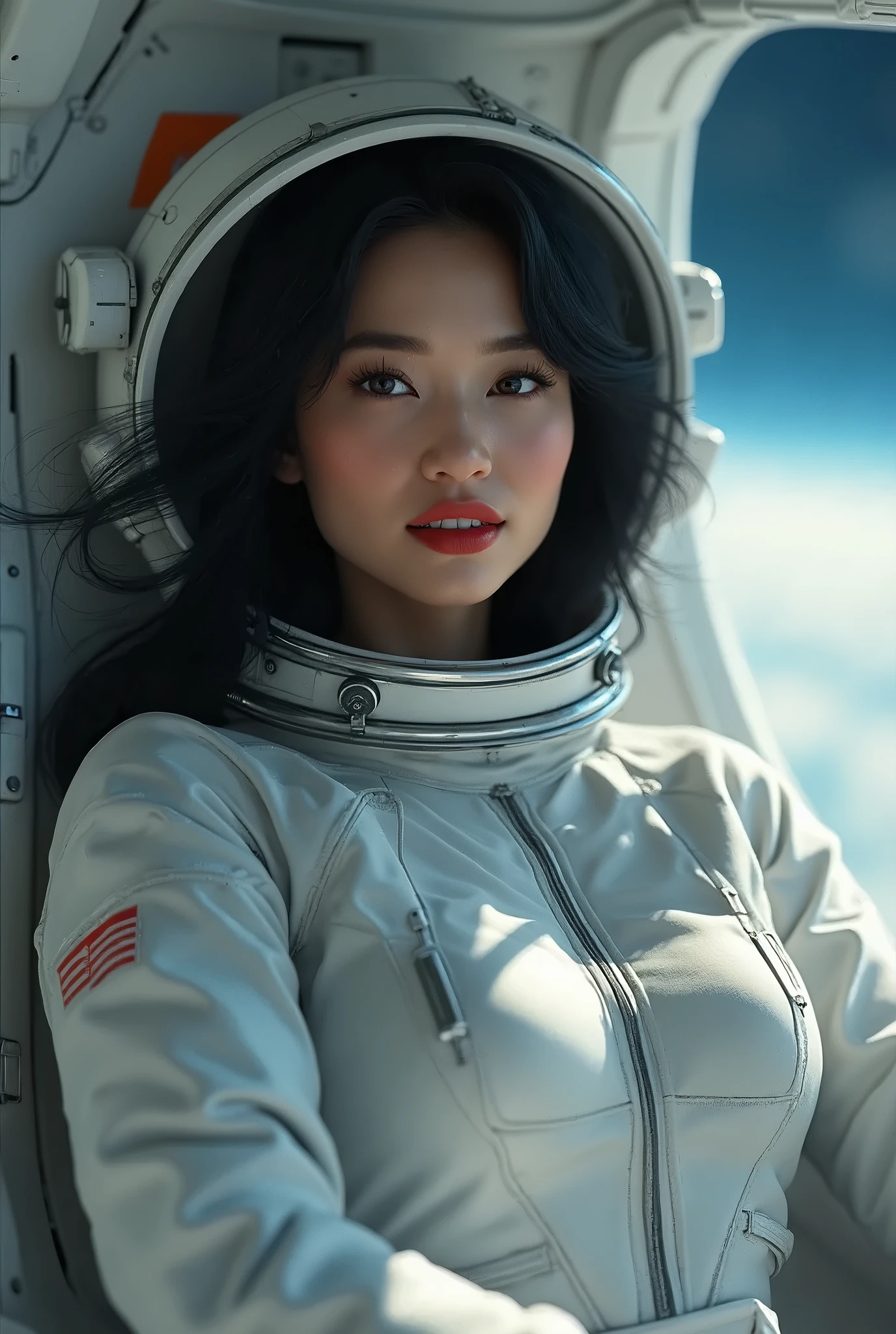 jaxsa、Adult woman with depression、Japanese、Black Hair、Brown eyes、Pink Lips、Spacesuit、Upper Body、Lunar Surface、Earth、Real、Masterpiece、Highest quality、Light reflecting off the helmet、