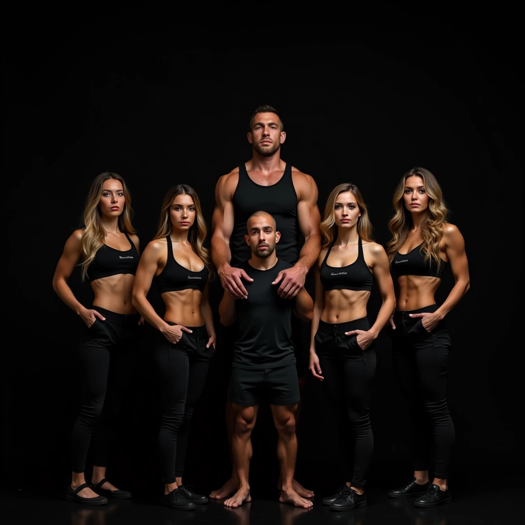 Two Very Tall girls in the left and right, short man in the middle, the two girls are much taller than the man, girls are models, girls are ring girls, man is an mma fighters, girls are wearing black bras and shorts, man is shirtless and wearing black shorts, girls are standing barefoot, man is wearing shoes