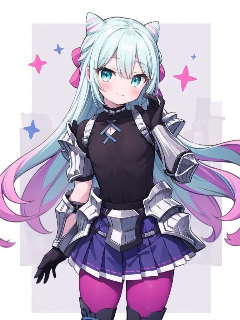 solo, masterpiece, best quality, perfect hands, long hair, cyan hair, cyan eyes, smile, blush, closed mouth, rosado, otoko no ko, cowboy shot, armor, cone hair bun, black gloves, purple skirt, pink leggings, armored boots, red hair bow, purple skirt, pleated skirt, multicolored hair, black shirt, flat chest