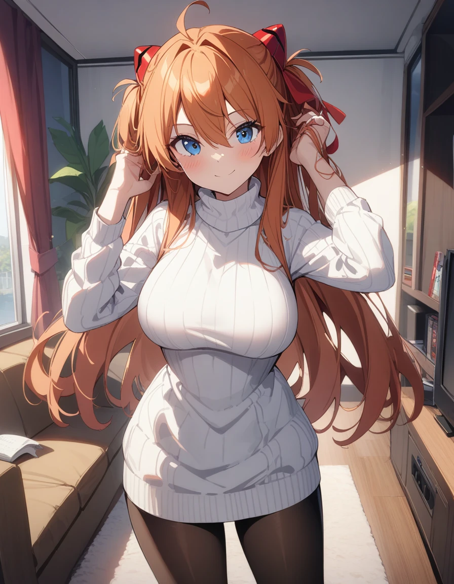 1girl, souryuu asuka langley,   at viewer, outdoors, masterpiece, best quality, very aesthetic, absurdres  score_9, score_8_up, score_7_up, source_anime, solo, 1girl, aliceliesenebulis, blush, smile, looking at viewer, standing, hand in own hair, ahoge, hair ribbon, red ribbon, white sweater, sweater dress, ribbed sweater, turtleneck, black pantyhose, large breasts, indoors, living room 