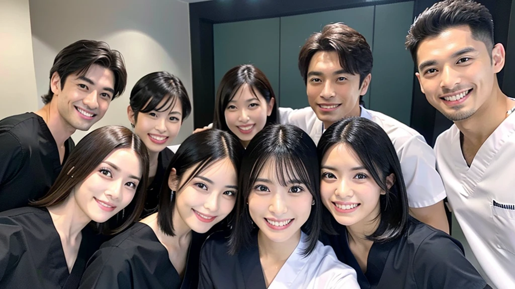 Japanese dentists male and female　5 people　smile　 unify wearing black scrubs　Short sleeve　All Japanese　Black Hair　Men and women 　Upper body close-up　High image quality　Best Quality　amiable々　