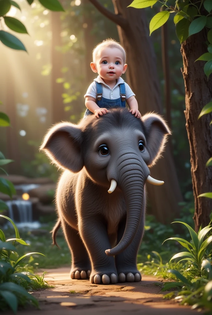 The boy and the elephant continue their adventure through the forest. As the elephant splashes water and moves gracefully, the boy giggles from his high seat, feeling the wind and sunlight. The forest is alive with the friendship between the boy and the elephant, as they play in harmony with nature, Disney Pixar Style