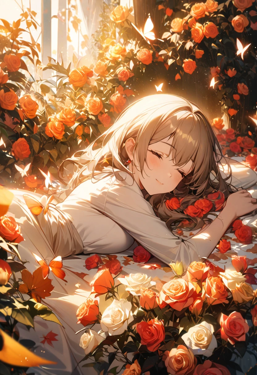 1girl, solo, almost completely covered by roses, lying among flowers, joyful expression, autumn leaves, surrounded by blooming roses, delicate butterflies, soft, warm lighting, ethereal and mystical atmosphere, serene and contemplative mood,xeal, magical