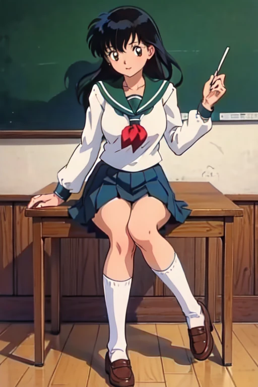  masterpiece ,  Best quality, 1 girl, Alone,  costume looking at the spectator,  EpinkaGome black hair ,  brown eyes,  detailed background, classroom, chalkboard, School desk, ,  full body , retro artstyle, socks hasta la rodilla, green Sailor collar, moccasins, session,  Shoes, white socks, long sleeves, sailor uniform, Sailor collar, socks, handkerchief,  school uniform , green aquifer, retro artstyle, 2000 \(style\),