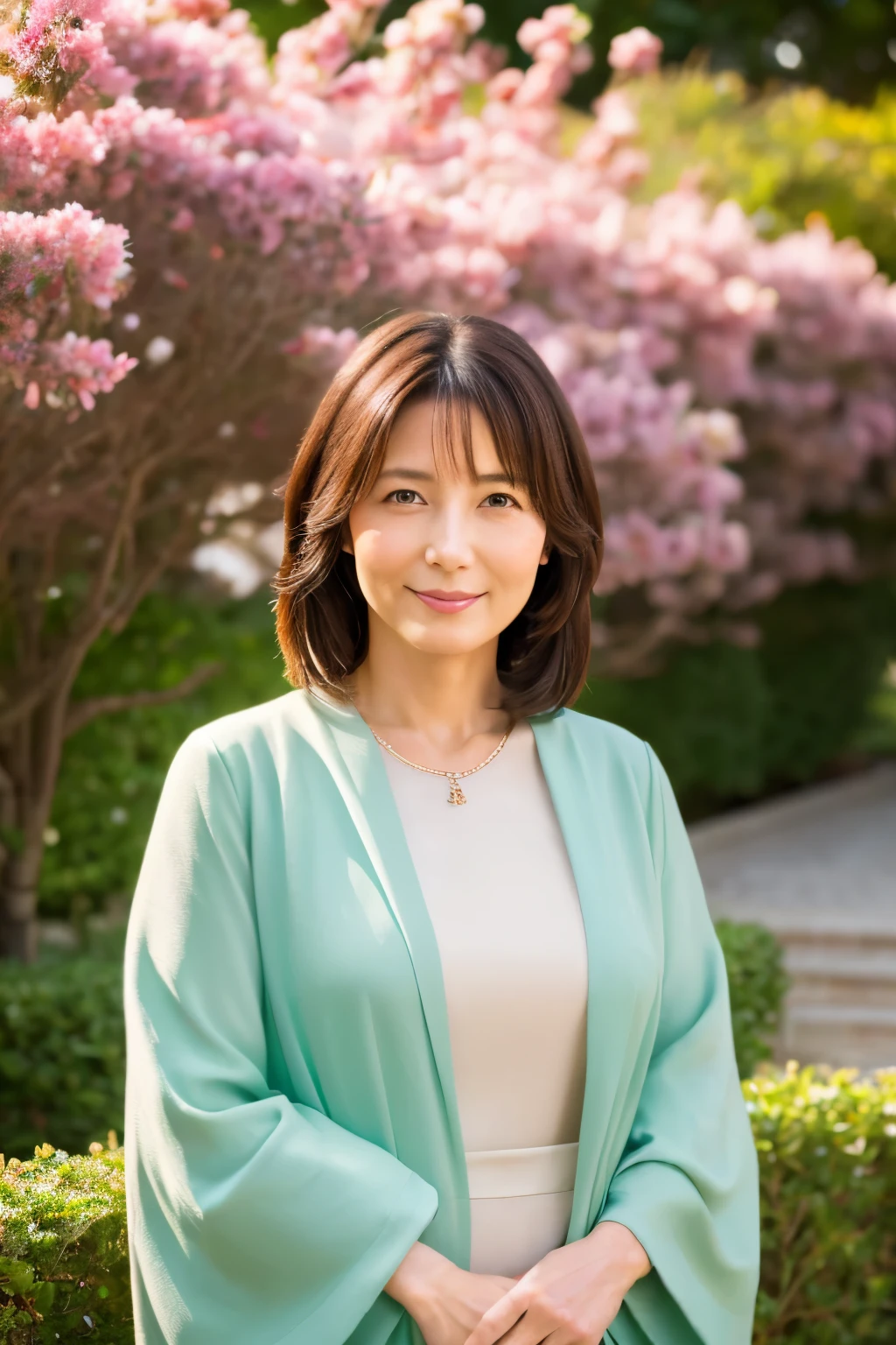 8K resolution,High quality,masterpiece,solo,Japanese woman,garden,43 years old,Elegant and modest appearance,Pure beauty,portrait of a mature woman