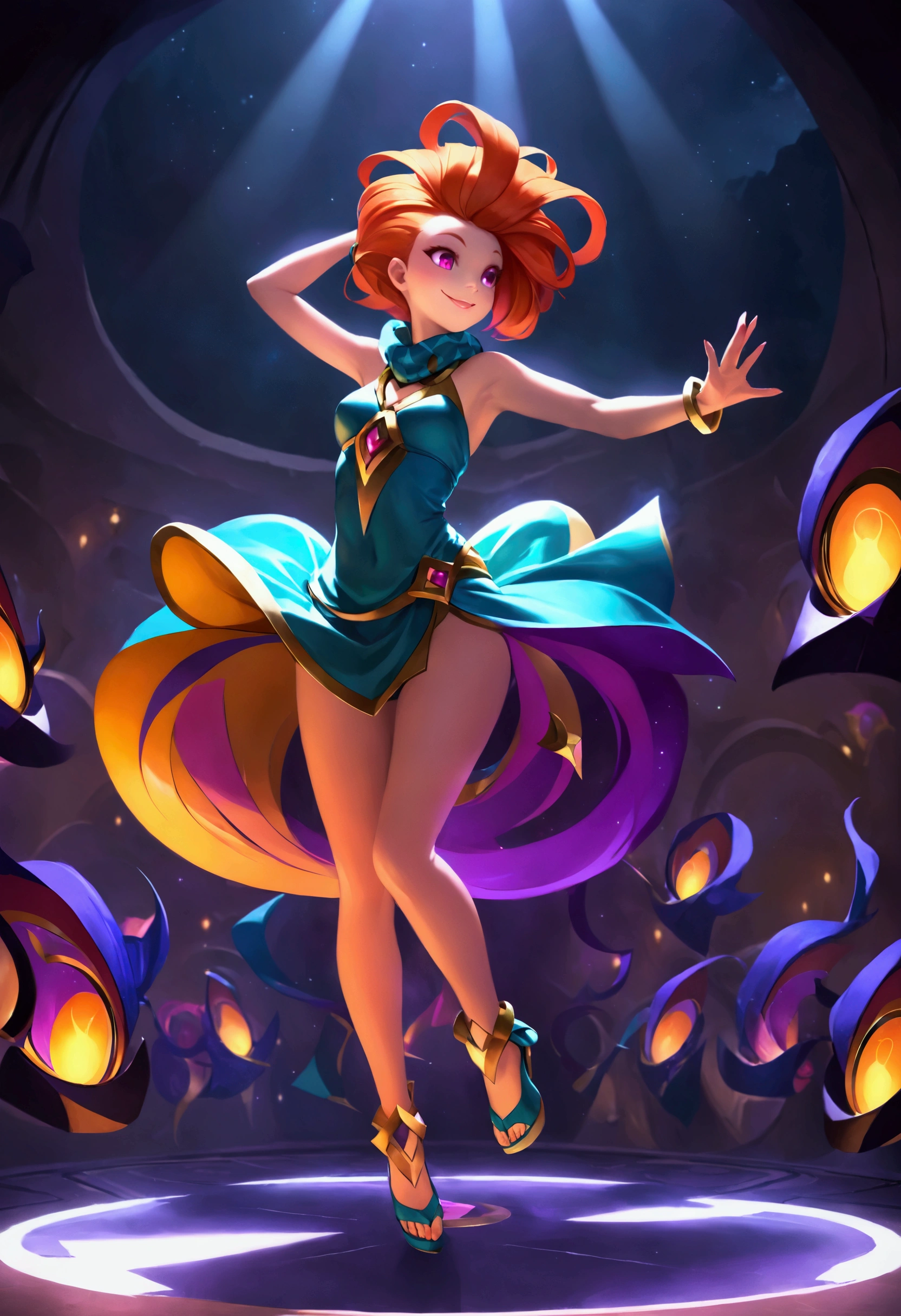 （masterpiece：1.2， best quality），(league of legends)，Zoe, 1 Girl,  unique, breast,  colorful hair accessories , Short hair, dress, Dance, Smile, Dynamic, Sexy,  perfect figure , Perfect legs,  Underground Music Venues ， Dramatic Lighting ， melancholy atmosphere ，Rough texture， Neon Colors ，'s vibrant palette， cinematic composition ， Sharp focus