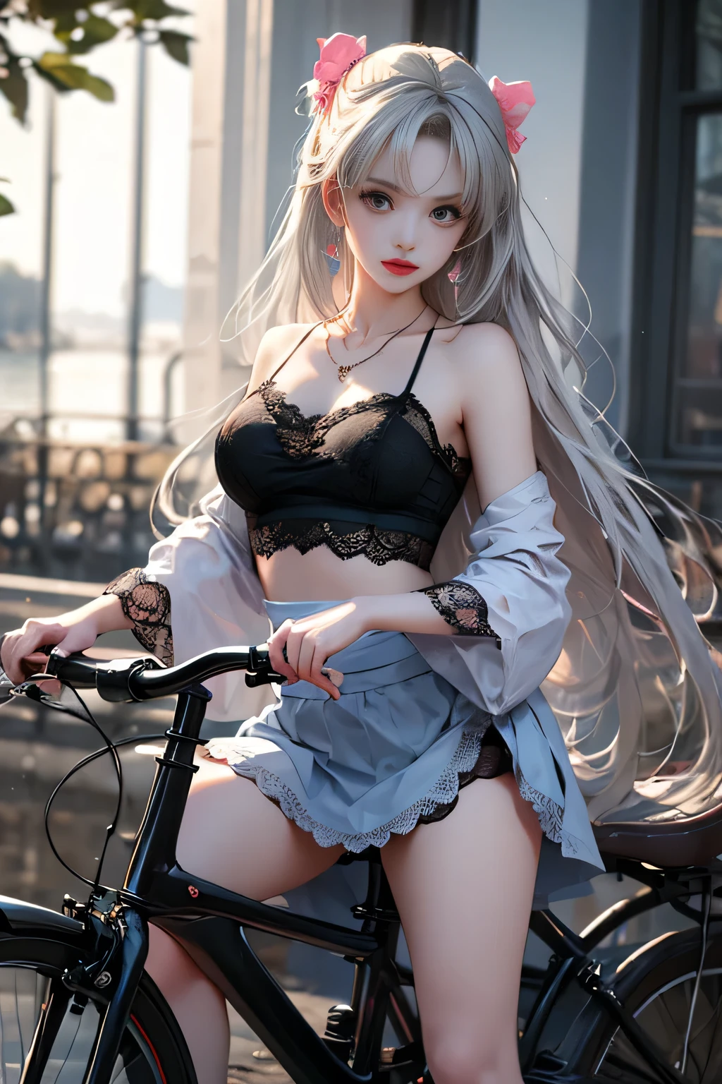 (( girl riding an antique and simple bicycle in a lakeside park)),Light blue and pink color scheme 、Petite、White Curly Hair、 colorful camisole photorealistic 、 high definition、1 Female、solo、 hip up 、 Watch Viewers 、(Detailed face)、Gray Hair、 long hair、 maid clothes、 JEWELRY、( off-shoulder )、((Pull the skirt up to the chest)))、)(Upskirt),(( black lace panties visible))