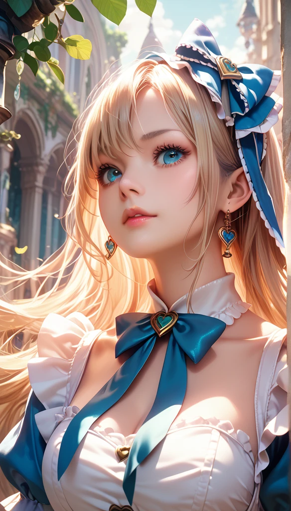 1 Girl,  masterpiece ,  best quality, 8K, Detailed skin care, Fine cloth texture ,  exquisite and beautiful face,  intricate details,  super detailed,   Alice in Wonderland, (The bow on her head:1.1),   upper body 