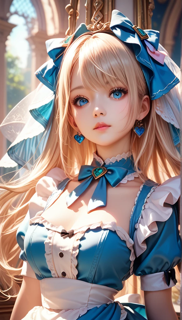 1 Girl,  masterpiece ,  best quality, 8K, Detailed skin care, Fine cloth texture ,  exquisite and beautiful face,  intricate details,  super detailed,   Alice in Wonderland, (The bow on her head:1.1),   upper body 