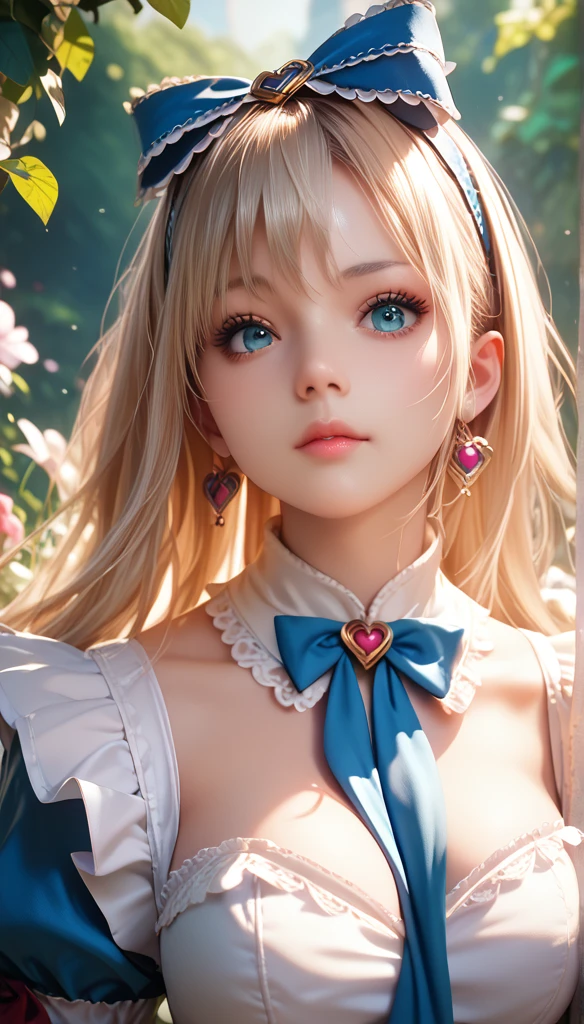 1 Girl,  masterpiece ,  best quality, 8K, Detailed skin care, Fine cloth texture ,  exquisite and beautiful face,  intricate details,  super detailed,   Alice in Wonderland, (The bow on her head:1.1),   upper body 