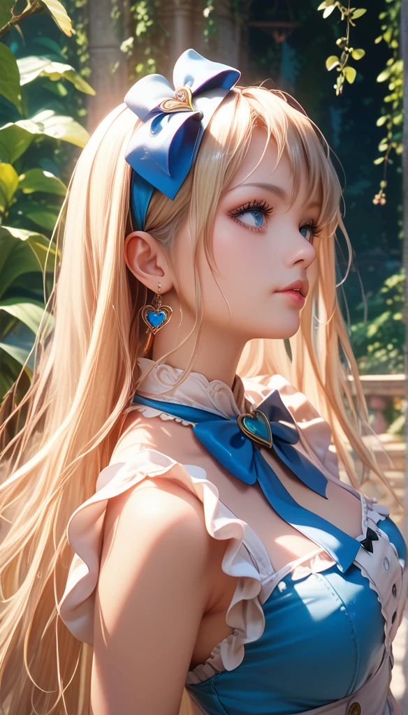 1 Girl,  masterpiece ,  best quality, 8K, Detailed skin care, Fine cloth texture ,  exquisite and beautiful face,  intricate details,  super detailed,   Alice in Wonderland, (The bow on her head:1.1),   upper body 