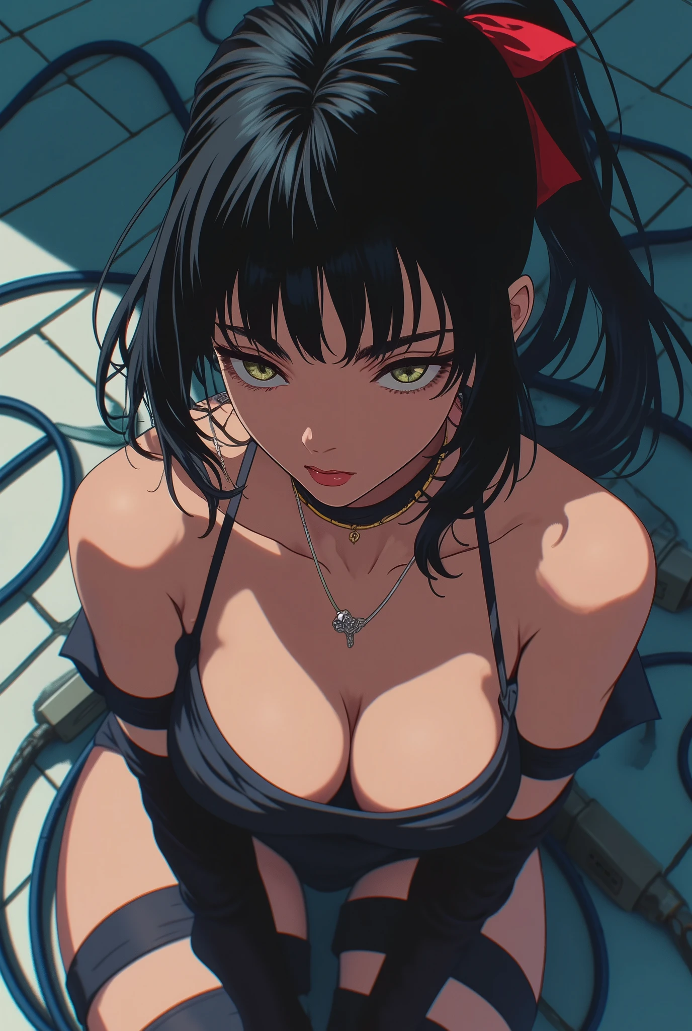 ne0nfant4sy, Masterpiece of Anime art, young girl, bangs, black hair with red ribbon, cleavage, brown eyes, cable, elbow gloves, eyebrows visible through hair, from above, long hair, looking at the viewer, cyberpunk, ponytail, solo, hold-up stockings, tiled floor, portrait shot.