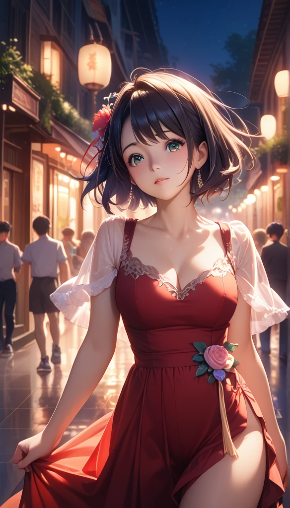 1 Girl, cowboy shot of beautiful Aida,  look at the audience ,  Red Dress ,  dark hair, blush, Short hair, Sports Night, Volumetric Lighting,  best quality,  masterpiece ,  intricate details, Tone Mapping,  clearly focused ,   Very Detailed, ArtStation Popular, Aida,  actual  