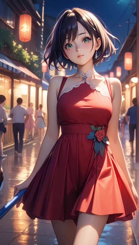 1 Girl, cowboy shot of beautiful Aida,  look at the audience ,  Red Dress ,  dark hair, blush, Short hair, Sports Night, Volumetric Lighting,  best quality,  masterpiece ,  intricate details, Tone Mapping,  clearly focused ,   Very Detailed, ArtStation Popular, Aida,  actual  