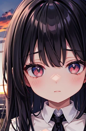 sunsetのベランダから見えるcity, beautiful eyes,  beautiful eyes, Best Quality,  black tights,city, Building,sunset, look down, 1 girl,  detail face , beautiful eyes, big chest、 black hair long hair that made me blush、
