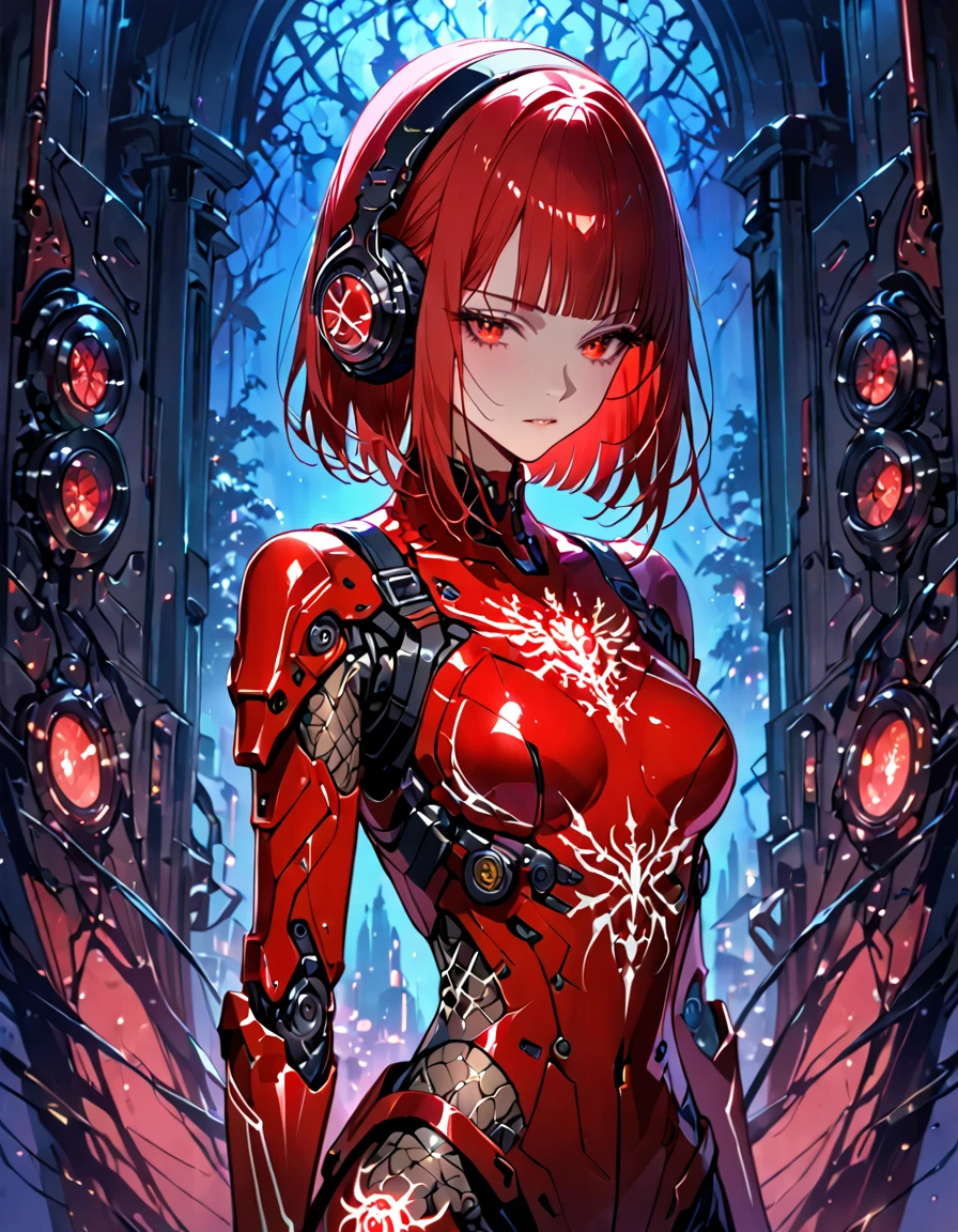 Intricate illustration in imaginative and cybertic  art style，A girl android wearing a red riding hood is placed in a glass coffin in a science laboratory.The girl has a beautiful red riding hood on her head,The girl's face is inorganic and doll-like,A body made entirely of machinery from the neck downThe whole body looks like a human specimen with various mechanisms and blood vessel-like tubes visible.The body color scheme is based on red and white,Scientific and artistic body structure,Transparent glass coffin Inside, several blood vessel-like tubes are connected to the girl's entire body.The cable is designed to look like a work of art.The tubes are red and white,The coffin in the laboratory is the type that can be pulled out from the wall,The girl is laid to rest,Inside the glass coffin, the smoke from the Coolant accumulates at the bottom.The coffin emits a beautiful light with clear red light.The texture and beauty of Little Red Riding Hood, the beauty and luster of the girl's red hair, the beauty of her skin,Medical and scientific depictions of the body mechanics,The texture and shine of the mechanism,The transparency and beauty of glass coffins,Background of a laboratory in an underground area dimly lit with clear blue light, Data on the girl's body is displayed on numerous monitors,(Bust shot from the chest up)、Ultra HD, Ultra High Quality Image, (Masterpiece, Best Quality, 4k, 8k:1.5). Ultra Detail,Ultra-fine painting,Physically Based Rendering, Science、Professional shooting resolution,3dCG concept art