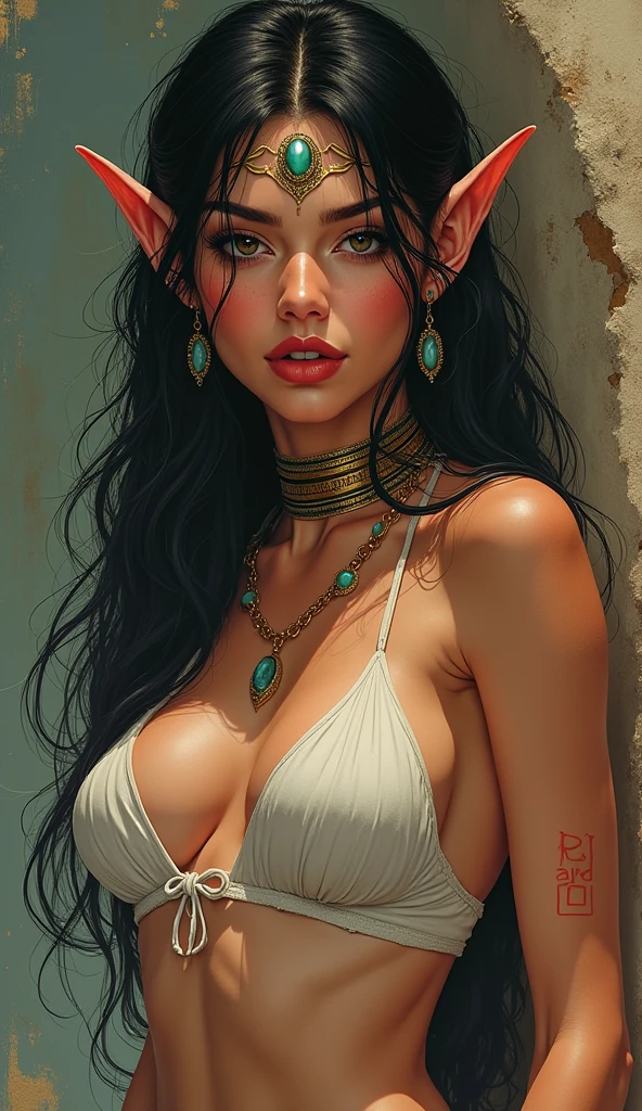 A gypsy with green eyes and black hair., white blouse with gold medals and red ruffled skirt, shell necklaces. You can see her pink nipples , linear style single color , soft shaded