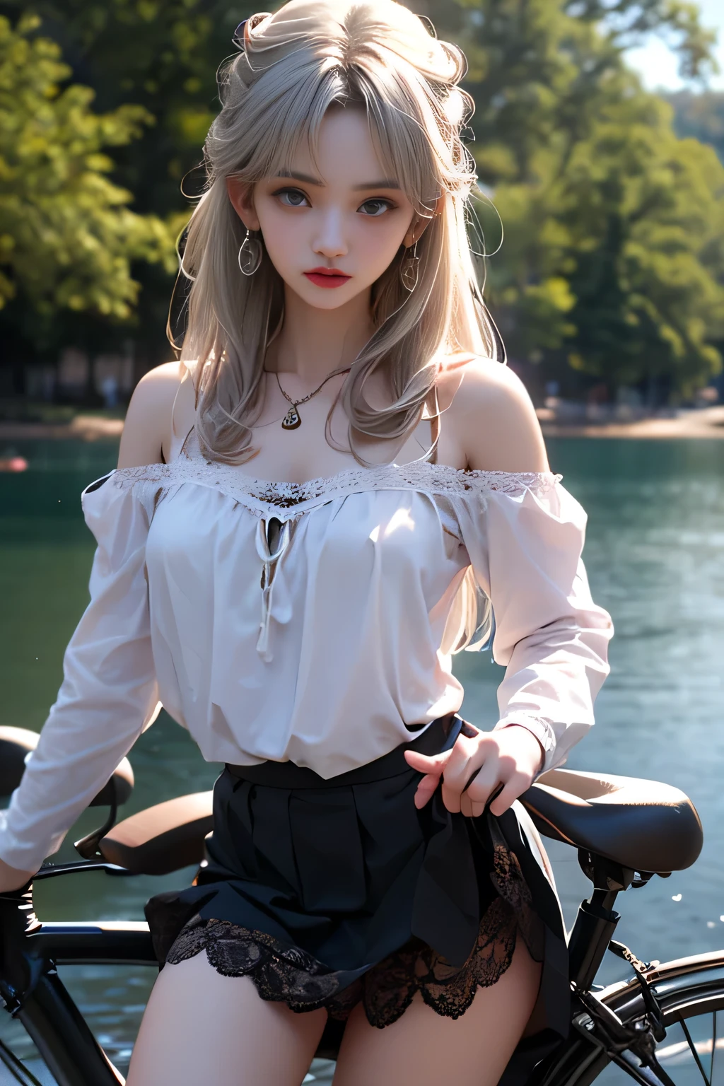 (( girl riding an antique and simple bicycle in a lakeside park)),Light blue and pink color scheme 、Petite、White Curly Hair、 colorful camisole photorealistic 、 high definition、1 Female、solo、 hip up 、 Watch Viewers 、(Detailed face)、Gray Hair、 long hair、 maid clothes、 JEWELRY、( off-shoulder )、((Pull the skirt up to the chest)))、)(Upskirt),(( black lace panties visible))