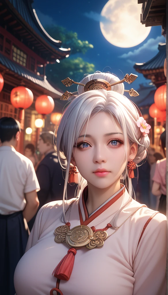  masterpiece , Best, night, Full Moon, 1 female,  mature female , Chinese,  Ancient China, elder sister, Royal sisters, Cold Face, No Expression,   Woman with long silver white hair,  light pink lips , Calm, Intellectuals, Three belts, Gray pupil, assassin, dagger,  Flower ball background , Street View