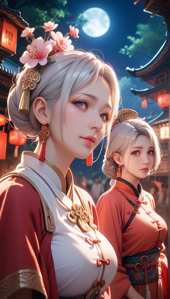  masterpiece , Best, night, Full Moon, 1 female,  mature female , Chinese,  Ancient China, elder sister, Royal sisters, Cold Face, No Expression,   Woman with long silver white hair,  light pink lips , Calm, Intellectuals, Three belts, Gray pupil, assassin, dagger,  Flower ball background , Street View