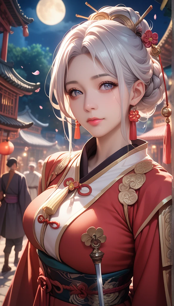  masterpiece , Best, night, Full Moon, 1 female,  mature female , Chinese,  Ancient China, elder sister, Royal sisters, Cold Face, No Expression,   Woman with long silver white hair,  light pink lips , Calm, Intellectuals, Three belts, Gray pupil, assassin, dagger,  Flower ball background , Street View