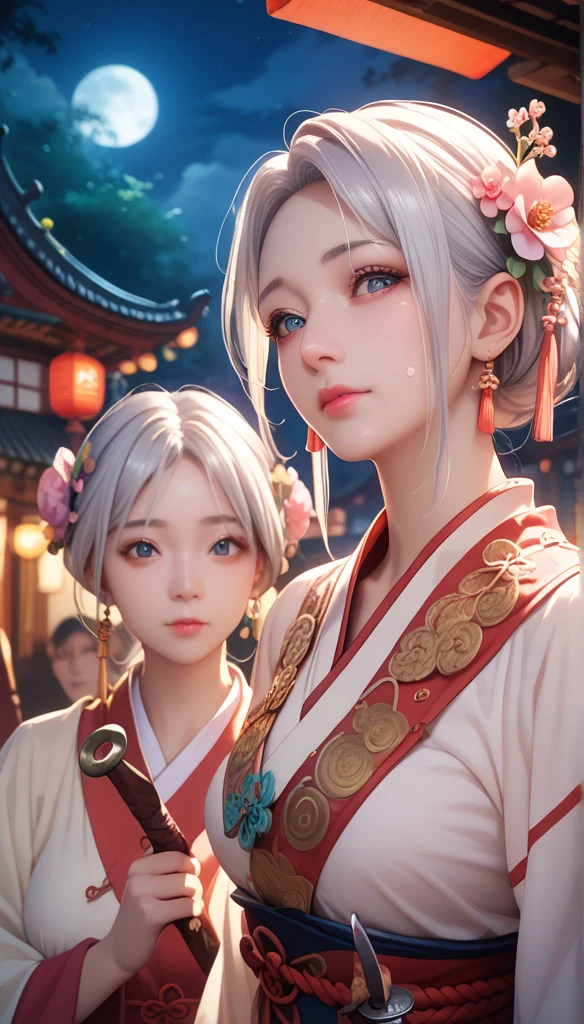  masterpiece , Best, night, Full Moon, 1 female,  mature female , Chinese,  Ancient China, elder sister, Royal sisters, Cold Face, No Expression,   Woman with long silver white hair,  light pink lips , Calm, Intellectuals, Three belts, Gray pupil, assassin, dagger,  Flower ball background , Street View