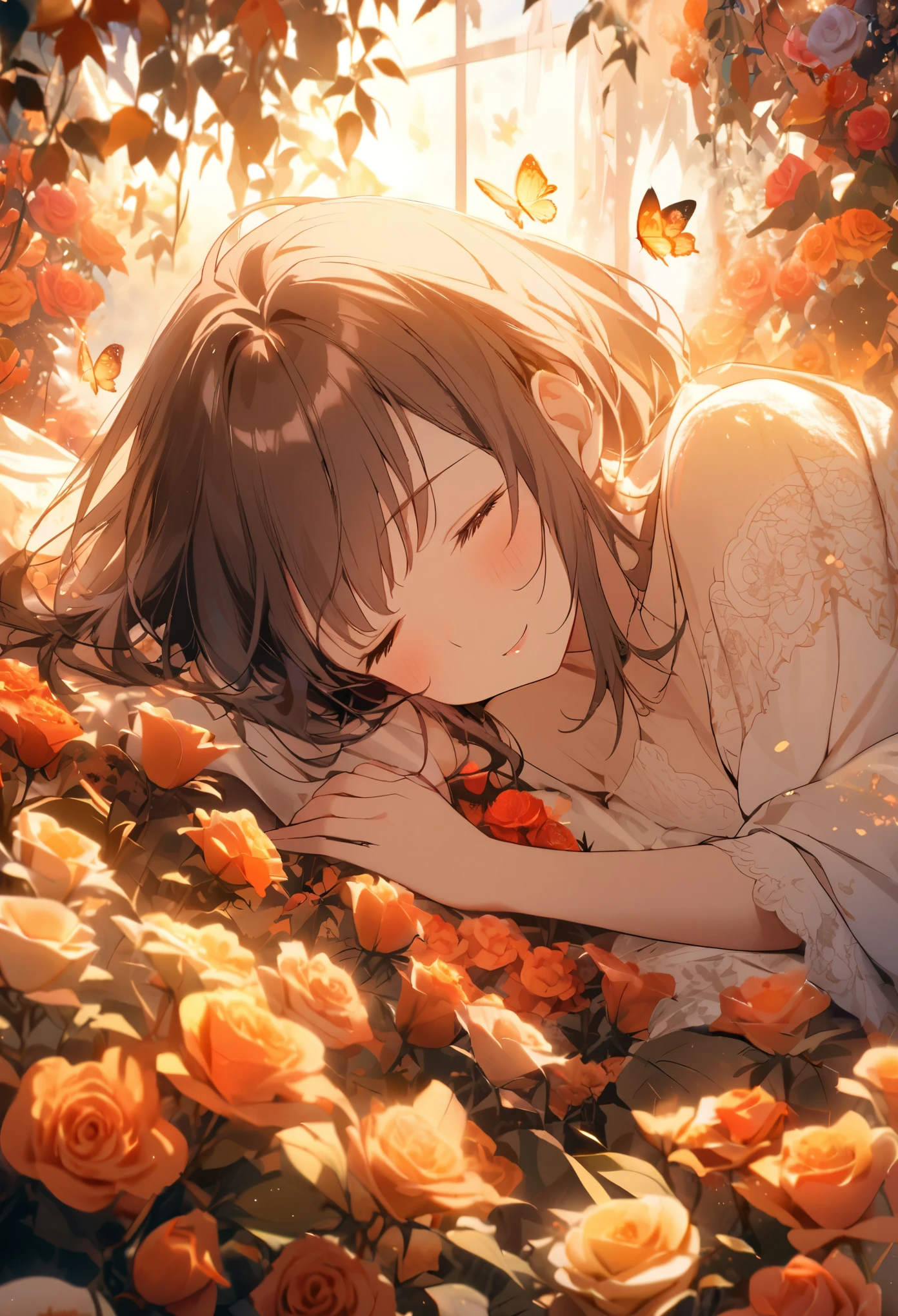 1girl, solo, almost completely covered by roses, lying among flowers, joyful expression, autumn leaves, surrounded by blooming roses, delicate butterflies, soft, warm lighting, ethereal and mystical atmosphere, serene and contemplative moo