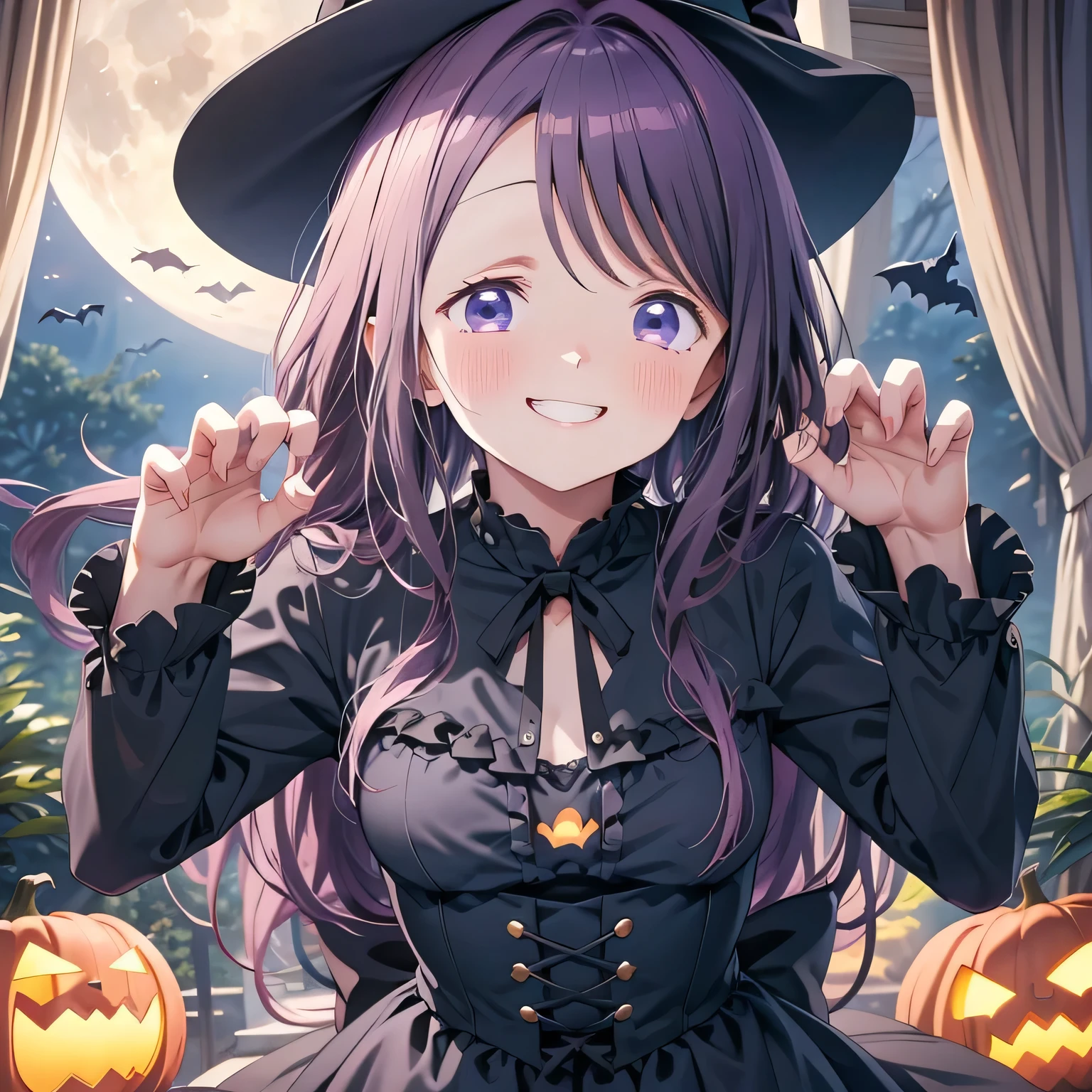 masterpieces, sharp focus, top quality, perfect body, perfect anatomy, perfect lighting, wide shot, 1girl, kubo nagisa, solo, purple hair, long hair, purple eyes, (bangs), (((blush))), laughing, upper-body, grin. fang. cat ear.
A beautiful black gothic ****ta dress. A witch's hat. A spotlight on her face. In the deep forest. Night. Dim. Pumpkin ghost, ghost, bat, owl, moon. (claw pose), looking at the viewer. close-up