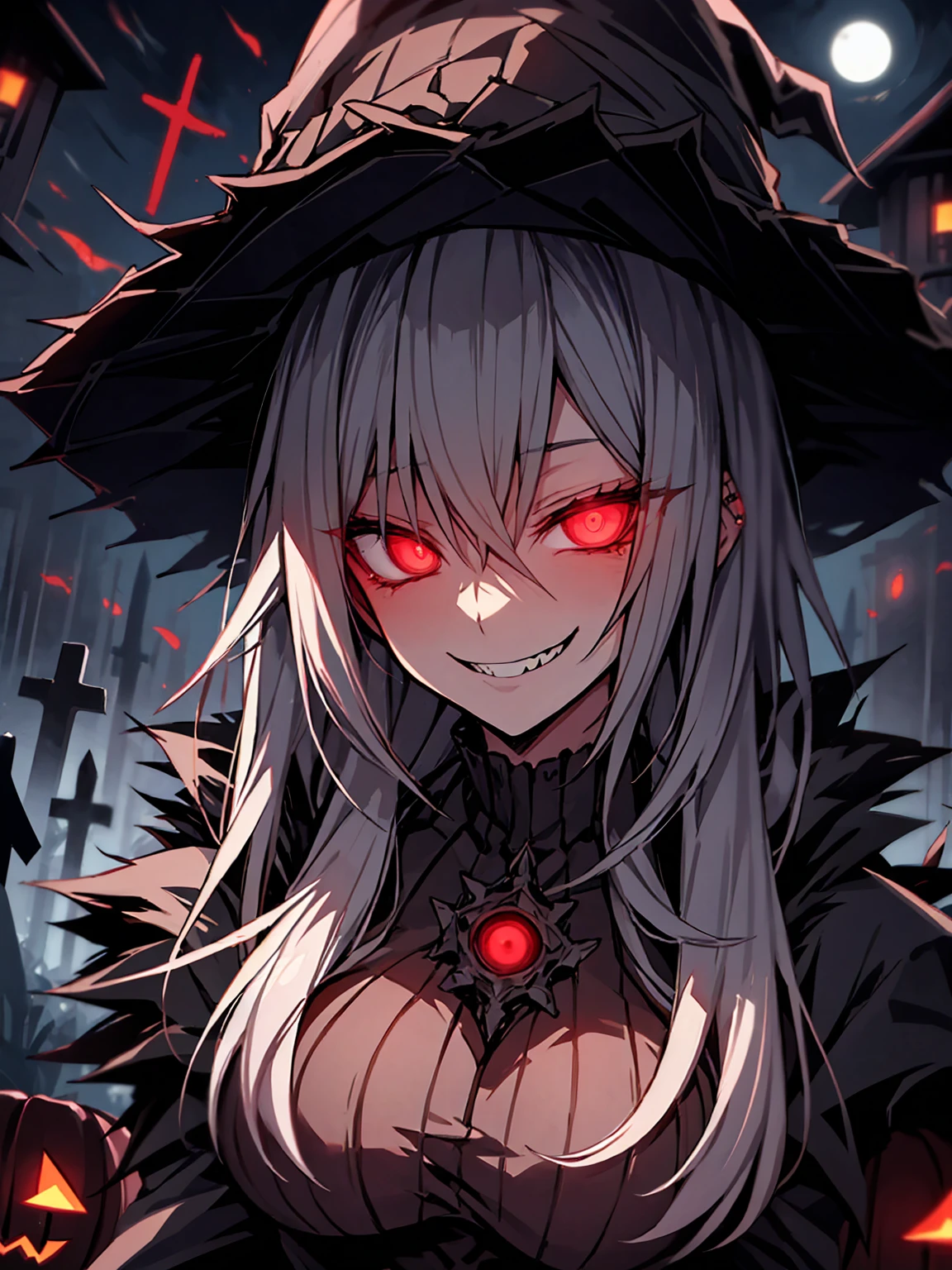  high definition、Best Quality、8k、 perfect face、Alone、Grey Skin、(corruption)、Slanted Eyes、Crazy Eyes、 red eyes that glow in the dark、 black eyeshadow 、Hollow Eyes、Shadowy Face、Detailed lips、長いSilver Hair、Silver Hair、Large Breasts、 Creepy Silhouette with Glowing Eyes at Night、Extremely tired goth woman 、Yandere face 、An eerie silhouette with condescending 、witch、 Crazy Evil Smile 、 Wicked Expression 、Cemetery、Church Background、full moon、 Halloween 