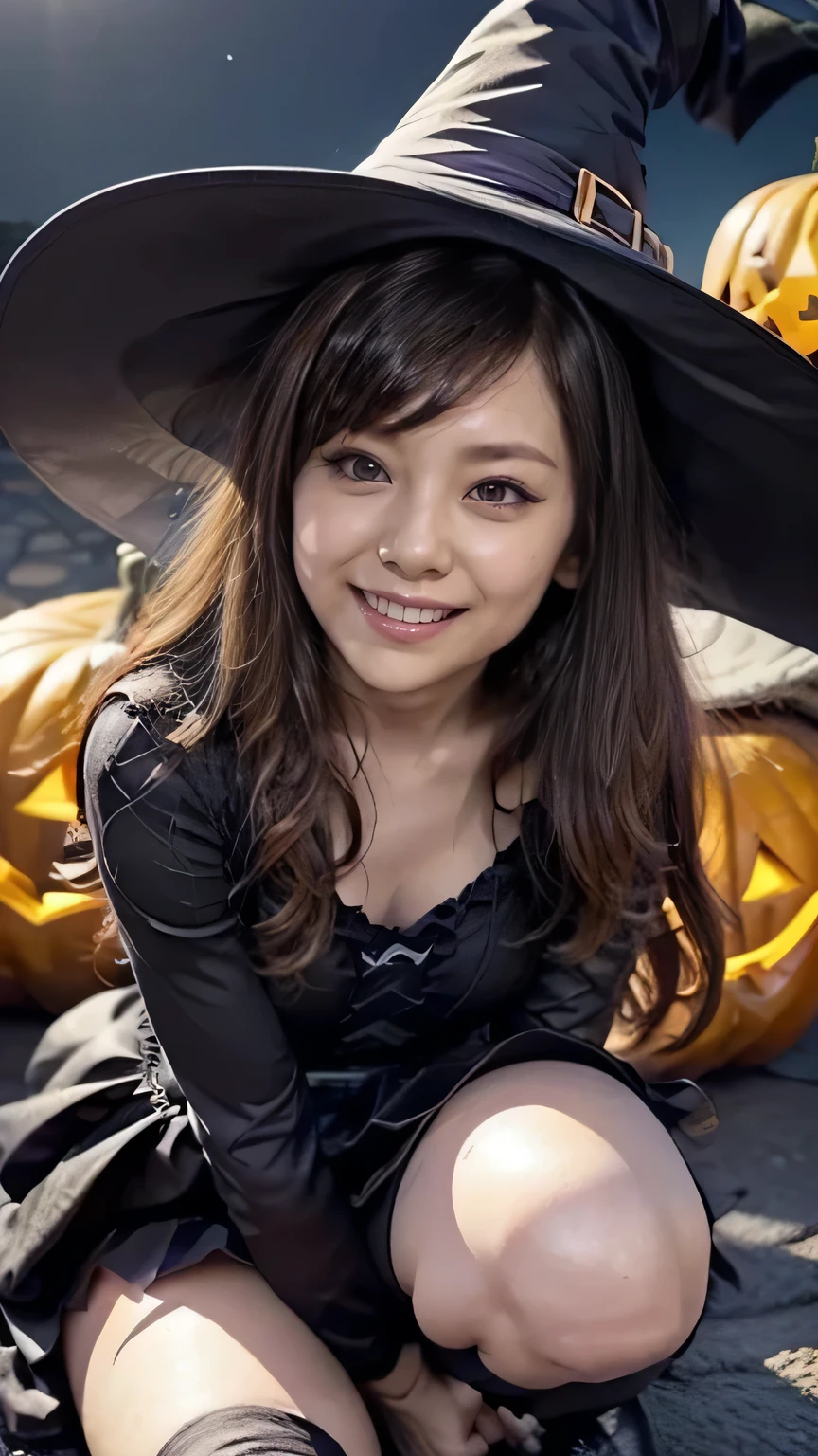  Halloween Night:1.3、(Flying Woman :1.2、witch、(Squint your eyes and laugh:1.5、 big smile ))、(( Halloween cosplay、Black pointed hat、witch costume、 pleated skirt:1.2、 Over Knee High Socks:1.5)、 cleavage)、( viewed from below)、(Realistic、 as in the picture 、live-action、8k, Realistic, RAW photo, Highest quality: 1.4),  SLR camera 、RAW photo, Best Quality, Realistic,  Highly Detailed CG Unity 8k Wallpaper,  the depth of the boundary written , Cinematic Light,  lens flare ,  ray tracing, Realistic background、(( super dense skin ))、 after school、(whole body:1.5)、(Long Hair:1.2、  Hair Blown in the Wind :1.4)、i like that style、 stylish 、 very detailed、  pay attention to the details 、Perfect outfit、( tanned skin)、Accurate hands、Accurate legs、 Detailed hands and fingers 、  Anatomically Correct Body 、Thin legs、 thin thighs、 small breasts、 very detailedな顔