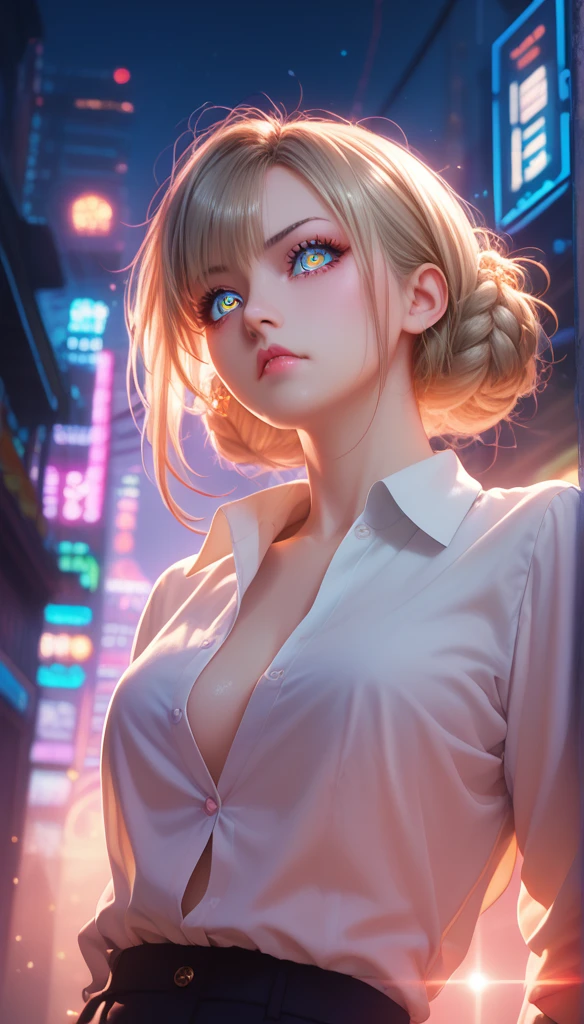 16K, HDR, RTX,  ray tracing,  Natural Lighting, absurdres, Best quality masterpiece,  perfect anatomy， highly detailed face ,  meticulous eyes , 1 Girl,  unique, Wearing a suit, shirt,  top button opens ,  Beautiful Hair , Extremely beautiful, impatient, Cool, Breath of Evil , Windy,  sparkling eyes,  serious expression , Dystopian City, Futuristic,  detailed background , Awards, Neon,  is popular on Art Station