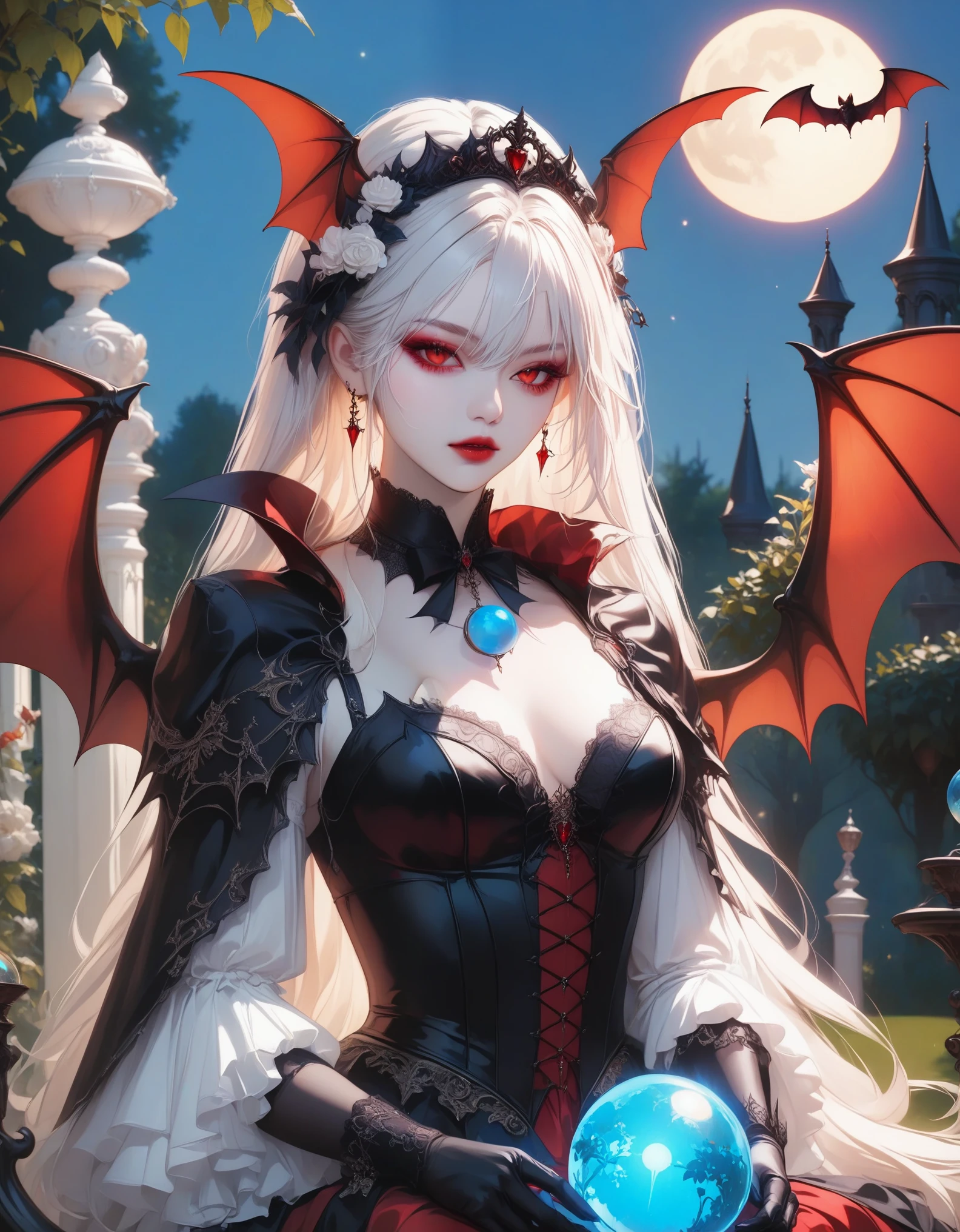 close-up, 1girl, solo, Vampire Dress, noble lady, tall extravagant headdress, demon horns, (ornate glowing bat wings:1.2), long armored gloves, sitting on ornate bench and (holding a magic orb:1.2), orb in hands, Victorian aesthetics, (summer garden:1.2), masterpiece, best quality, very aesthetic, absurdes.
