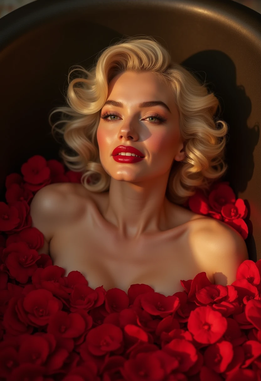 ((Highest quality)), ((masterpiece)), (detailed), A Delightful Decay: A Surrealistic Masterpiece In a dimly lit, velvet-draped boudoir, a ravishing beauty reclines upon plush, crimson pillows. Her gaze, a sultry whisper, beckons the viewer into a realm of sensual indulgence. Her décolletage, a lush tapestry of golden skin and delicate lace, appears to defy gravity, as if kissed by the divine. A sinuous curve of silver hair frames her visage, while a sprig of wilting red rose petals rests upon her full, pert lips. A delicate, gemstone-encrusted choker adorns her neck, as if a whispered promise from some forgotten lover. In the background, a distant cityscape looms, shrouded in a haze of smoky mist and twinkling stars. The air is heavy with the scent of sandalwood and bergamot, transporting the viewer to a realm of decadent excess and forbidden pleasure. Inspired by the works of Walter Crane, John William Waterhouse, Felicien Rops, and Edmund Blair Leighton, this avant-garde masterpiece embodies the essence of fin de siècle art, with its nods to Sir Edward Coley Burne-Jones' elegance and sensuality.