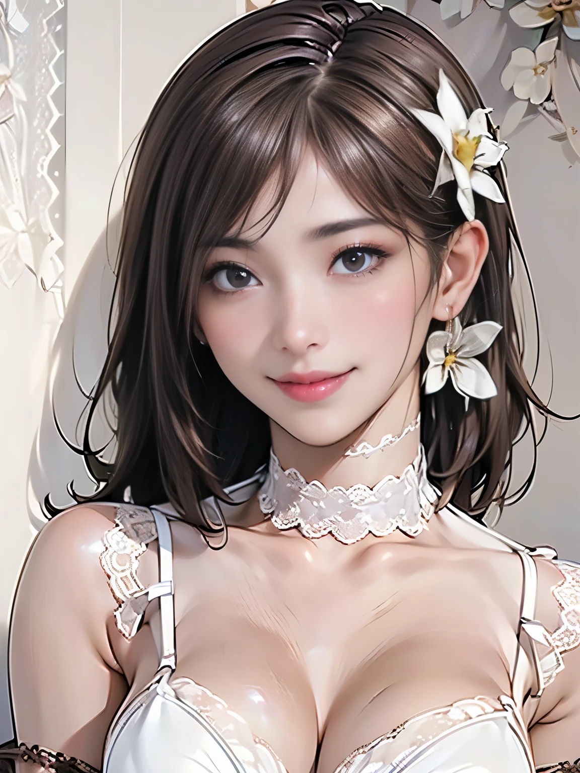 ((((Best Quality))))、(((Ultra-precision CG16K wallpaper)))、(((masterpiece)))、(((Super detailed)))、(((Extreme detail)))、((Mature 24 year old woman、alone:1.8))、((Very beautiful Japanese face))、(((Droopy eyes)))、(( straight bobbed hair、bangs、Brown Hair:1.8))、(光沢のあるBrown Hair)、(Sparkling Eyes)、Thin eyebrows、High nose、Small nostrils、Small Mouth、Seductive lips、((B cup size breasts))、((Beautiful breasts))、((Beautiful Skin))、( cleavage)、 perfect proportions、 perfect anatomy、Perfect composition、 Beautiful Detailed Shading、 beautiful natural lighting 、 beautiful details glow 、 depth of field 、(((High chroma)))、((( real:1.9)))、(((sharp:1.5)))、(((Full screen image:1.6)))、((( Portrait Shot :1.6)))、(((Front image:1.6)))、(((smile:1.2)))、(((looking at me:1.6)))、Bright sunlight in the daytime、Natural Light、(((background_Flower Garden:1.4)))、( standing pose:1.6)、(((White lace bikini lingerie bra:1.6)))、(( choker、Wearing earrings:1.5))、