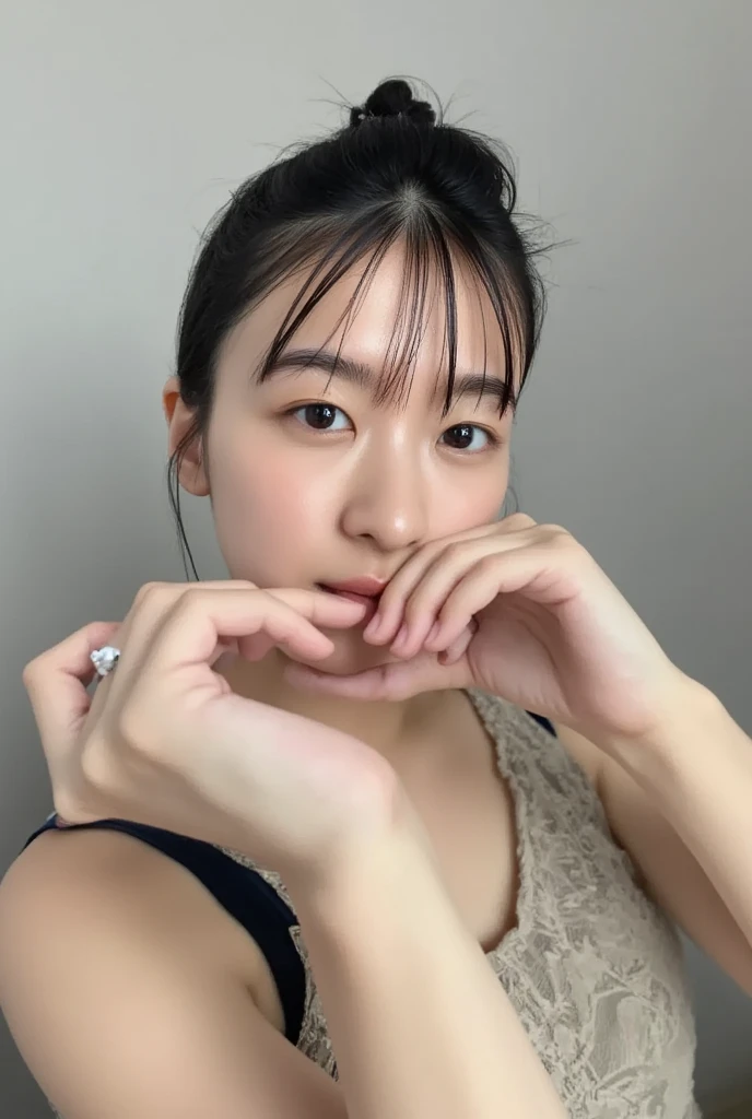 She is in a pose wearing a sexy camisole, making a firm big heart shape with both hands, and holding it in front of her chest, Cute smile up、Monotone background

