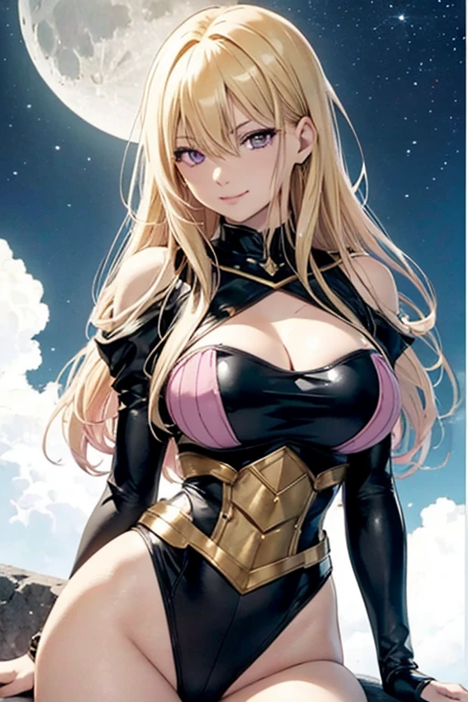 ftselenecas, pink eyes, blonde hair, mature female, armored leotard, black tights, moon , big chest, calm smile, perfect waist, large breasts