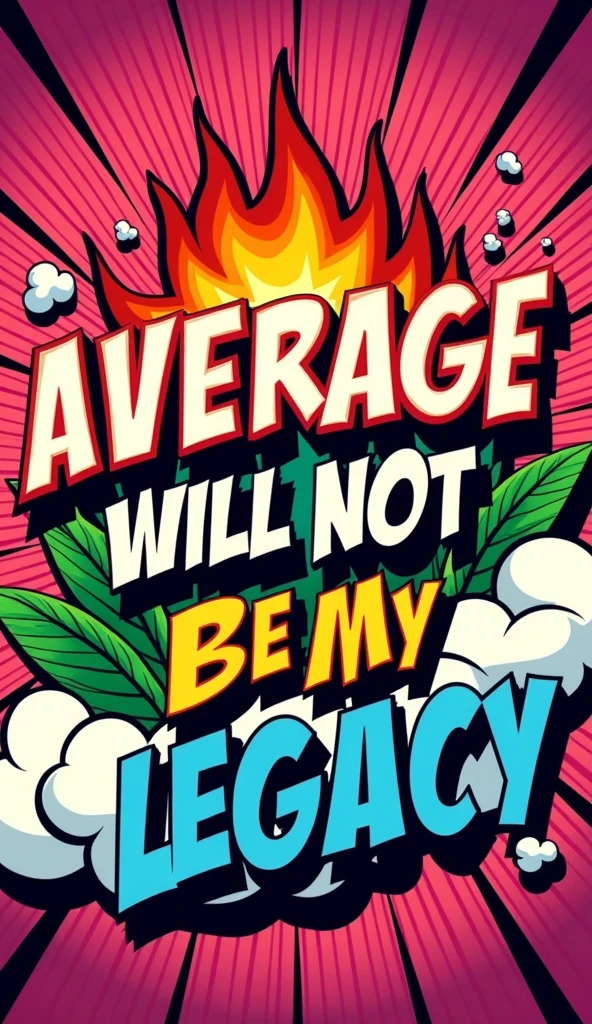 This is a vibrant, digital illustration with a bold, retro comic book style. The background is a rich, magenta color with dynamic, radiating lines extending from the center. Large, stylized flames are positioned at the top, adding intensity. The text, "AVERAGE WILL NOT BE MY LEGACY," is prominently displayed in a mix of red, white, and yellow, with each word in a different color and varying shades. Surrounding the text are stylized, green, leaf-like shapes and fluffy, cloud-like white and blue elements, creating a sense of motion and energy. The overall design is eye-catching and motivational, with a strong emphasis on overcoming mediocrity.