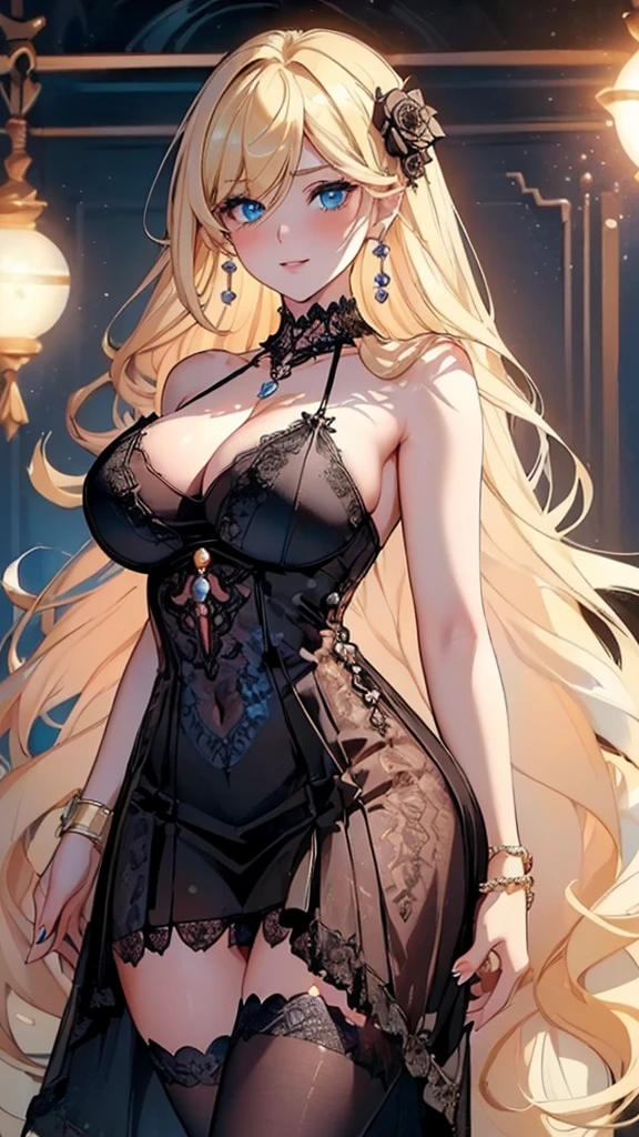 ((masterpiece, super high quality, high resolution, ultra HD 8K quality)), (realism), 1 cool and beautiful woman, perfect proportioned body, (((Shining Blonde long hair:1.3, long bangs))), ((Clear deep blue eyes:1.2)), (((glowing eyes))), (((highlights on eyes))), (((Pearl Black sexy Gorgeous Lace dress:1.2))), (((flower hair ornament, Large earrings, pearl necklaces, bangles))), (((heavy and very large breasts))), (open lips:1.1, blush:1.05), (night:1.1, flowers), (sun:1.05, sunlight), romantic, 3D rendering, best quality, (masterpiece), beautiful smile, beautiful standing pose
